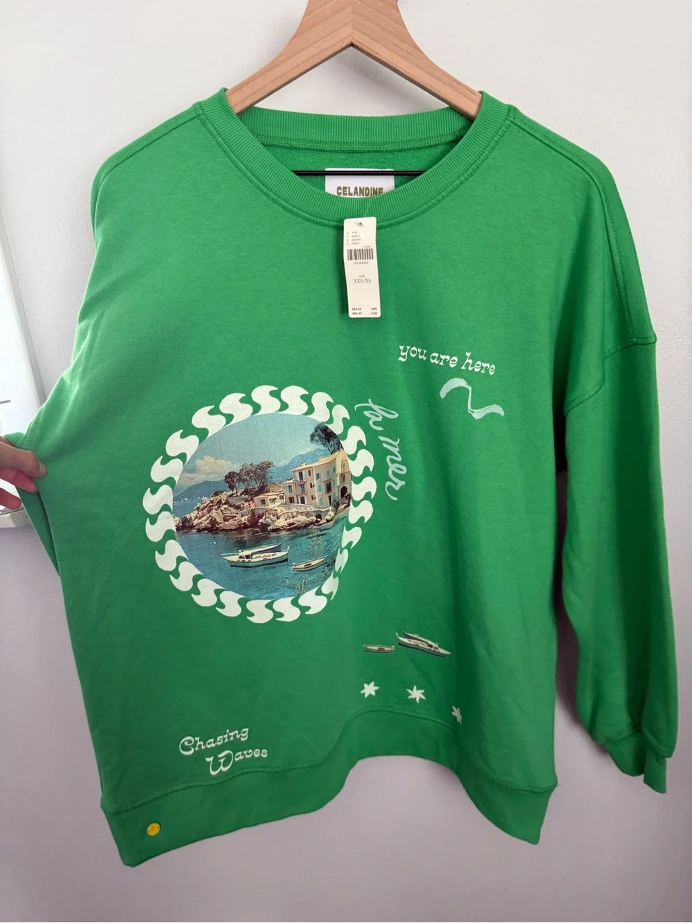 Anthropologie Celandine XXS/XS NEW Crew-Neck Graphic Sweatshirt Green Oversized